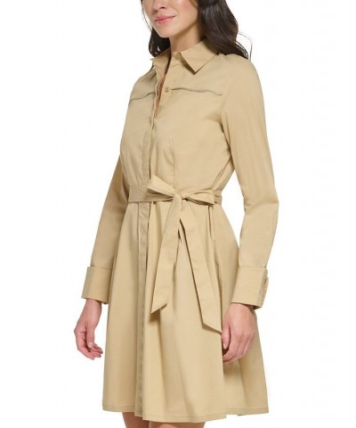 Women's Pleated Button-Front Long-Sleeve Shirt Dress Khaki $37.00 Dresses