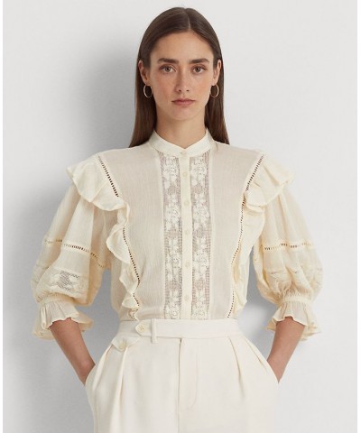 Women's Lace-Trim Crinkle Cotton Shirt Ivory/Cream $70.00 Tops