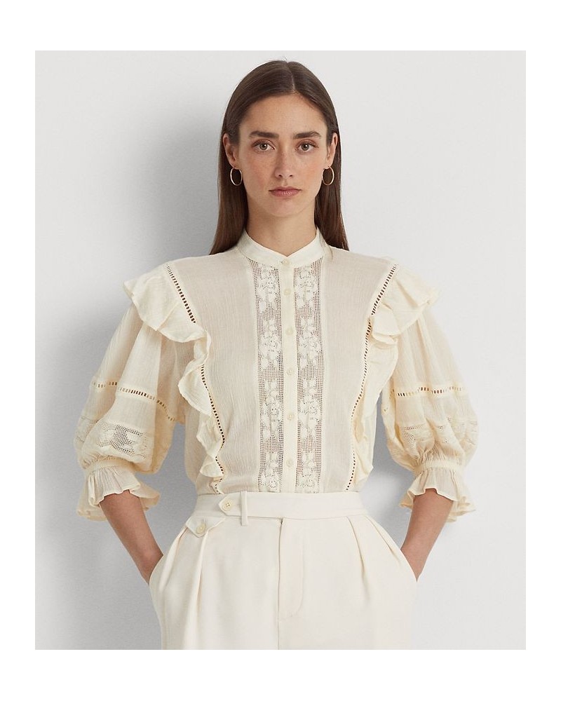 Women's Lace-Trim Crinkle Cotton Shirt Ivory/Cream $70.00 Tops