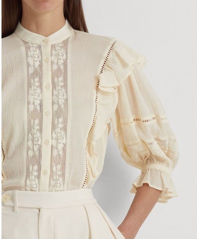 Women's Lace-Trim Crinkle Cotton Shirt Ivory/Cream $70.00 Tops