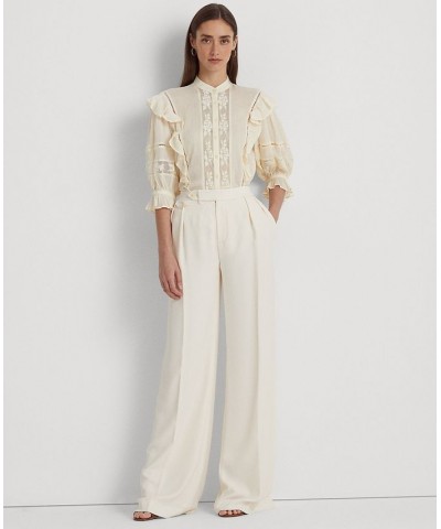 Women's Lace-Trim Crinkle Cotton Shirt Ivory/Cream $70.00 Tops