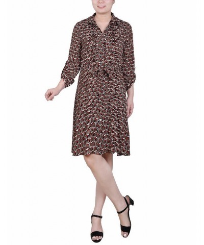 Petite Printed Roll Tab Sleeve Dobby Shirt Dress Black Red Scarlet Waves $36.04 Dresses