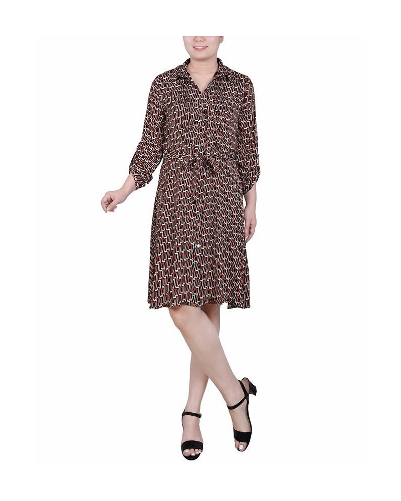 Petite Printed Roll Tab Sleeve Dobby Shirt Dress Black Red Scarlet Waves $36.04 Dresses