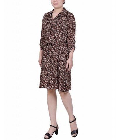 Petite Printed Roll Tab Sleeve Dobby Shirt Dress Black Red Scarlet Waves $36.04 Dresses