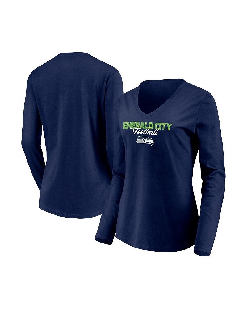 Women's College Navy Seattle Seahawks Highly Valued Long Sleeve V-Neck T-shirt Navy $17.76 Tops