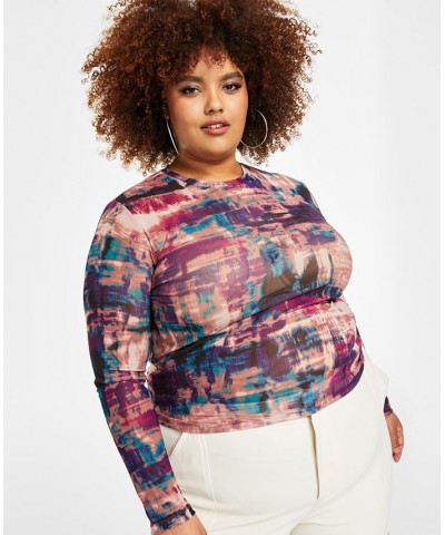 Trendy Plus Size Sheer Printed Mesh Top Distressed Tie Dye $13.44 Tops