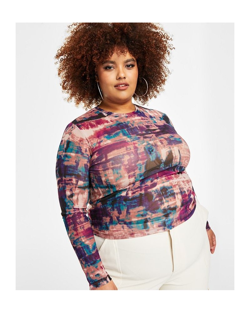 Trendy Plus Size Sheer Printed Mesh Top Distressed Tie Dye $13.44 Tops