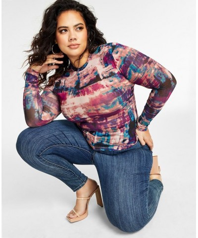 Trendy Plus Size Sheer Printed Mesh Top Distressed Tie Dye $13.44 Tops