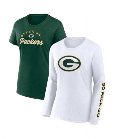 Women's Branded Green White Green Bay Packers Short and Long Sleeve T-shirt Combo Pack Green $34.19 Tops