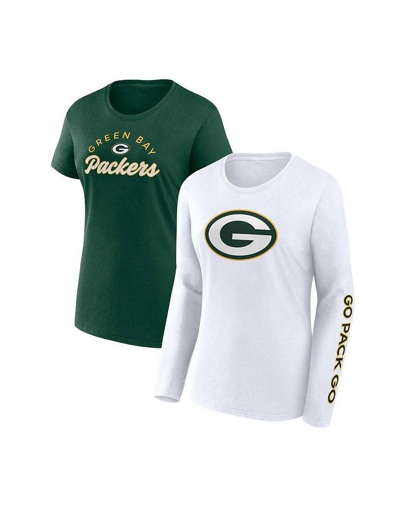 Women's Branded Green White Green Bay Packers Short and Long Sleeve T-shirt Combo Pack Green $34.19 Tops