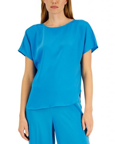 Women's Satin Montreal Bateau-Neck Blouse Blue Ocean $30.84 Tops