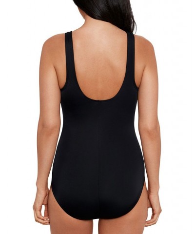 Shape Solver Sport for Women's Retro Lines High-Neck One-Piece Swimsuit Blue $53.10 Swimsuits