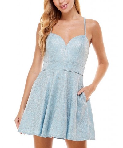 Juniors' Sweetheart-Neck Shimmer Dress Blue $16.89 Dresses