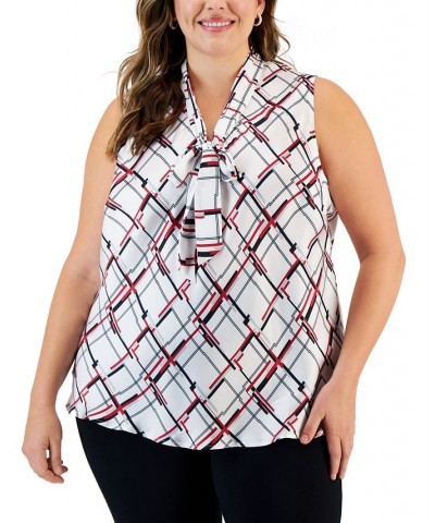 Plus Size Printed Sleeveless Tie-Neck Blouse Vanilla Ice/fire Red Combo $21.36 Tops