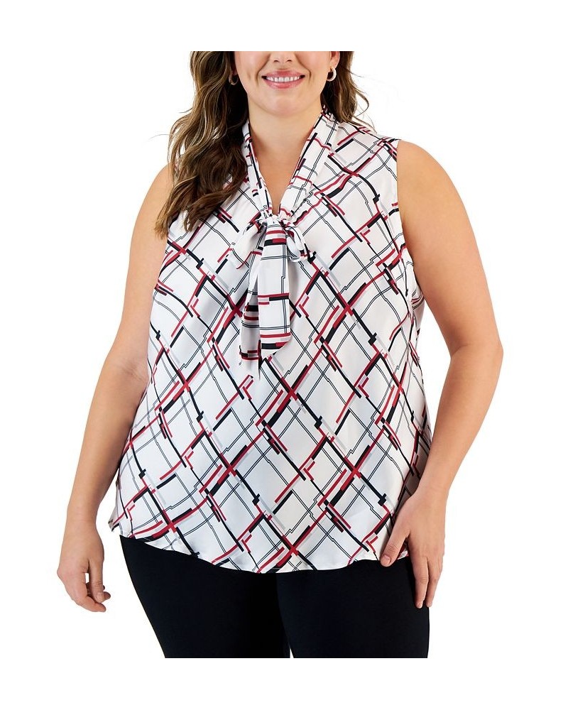 Plus Size Printed Sleeveless Tie-Neck Blouse Vanilla Ice/fire Red Combo $21.36 Tops