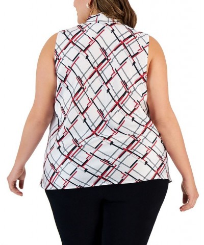 Plus Size Printed Sleeveless Tie-Neck Blouse Vanilla Ice/fire Red Combo $21.36 Tops