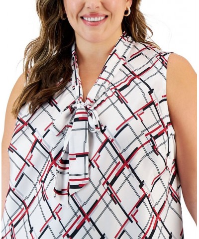 Plus Size Printed Sleeveless Tie-Neck Blouse Vanilla Ice/fire Red Combo $21.36 Tops