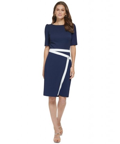 Petite Contrast-Trim Puff-Shoulder Sheath Dress Spring Navy/Ivory $61.92 Dresses