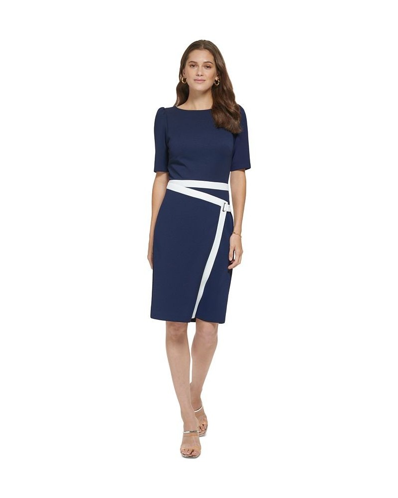 Petite Contrast-Trim Puff-Shoulder Sheath Dress Spring Navy/Ivory $61.92 Dresses