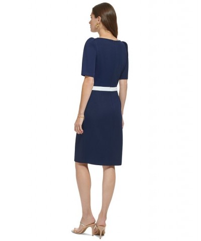 Petite Contrast-Trim Puff-Shoulder Sheath Dress Spring Navy/Ivory $61.92 Dresses