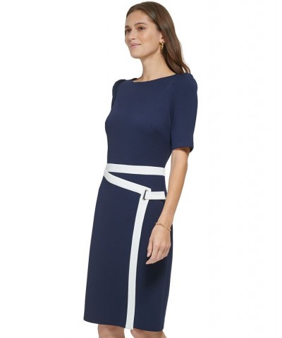 Petite Contrast-Trim Puff-Shoulder Sheath Dress Spring Navy/Ivory $61.92 Dresses