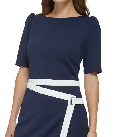 Petite Contrast-Trim Puff-Shoulder Sheath Dress Spring Navy/Ivory $61.92 Dresses