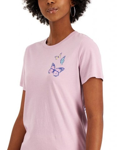 Juniors' Butterfly and Mushroom Graphic T-Shirt Mauve $11.20 Tops