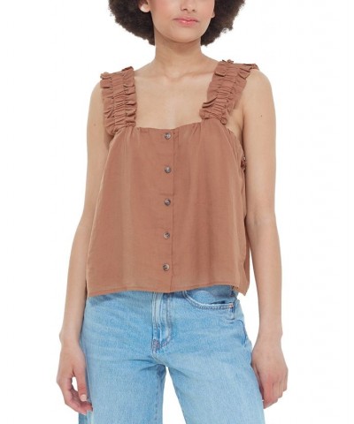 Women's Ruffled-Strap Button-Front Camisole Brown $16.25 Tops