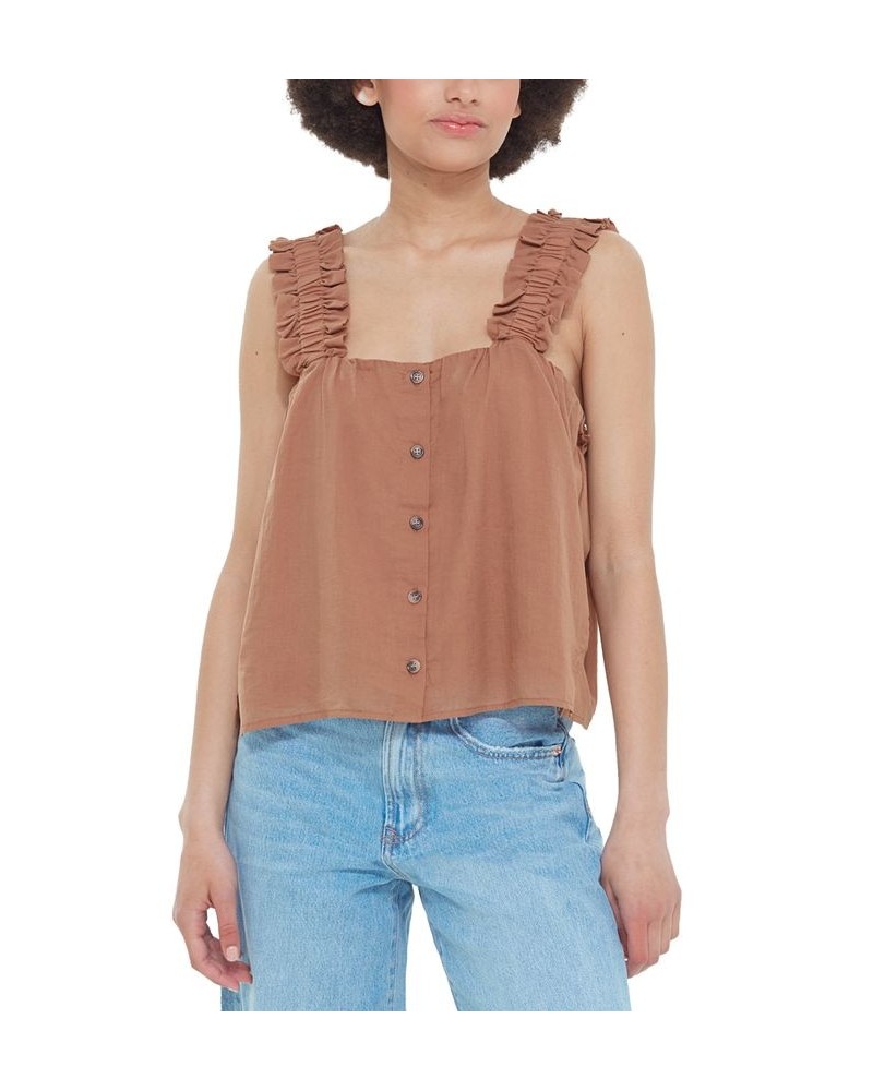 Women's Ruffled-Strap Button-Front Camisole Brown $16.25 Tops