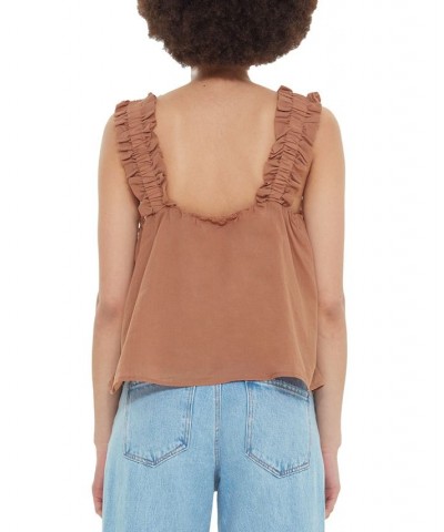 Women's Ruffled-Strap Button-Front Camisole Brown $16.25 Tops