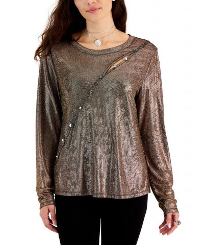 Women's Asymmetrical-Button-Trim Long-Sleeve Top Gold $12.71 Tops