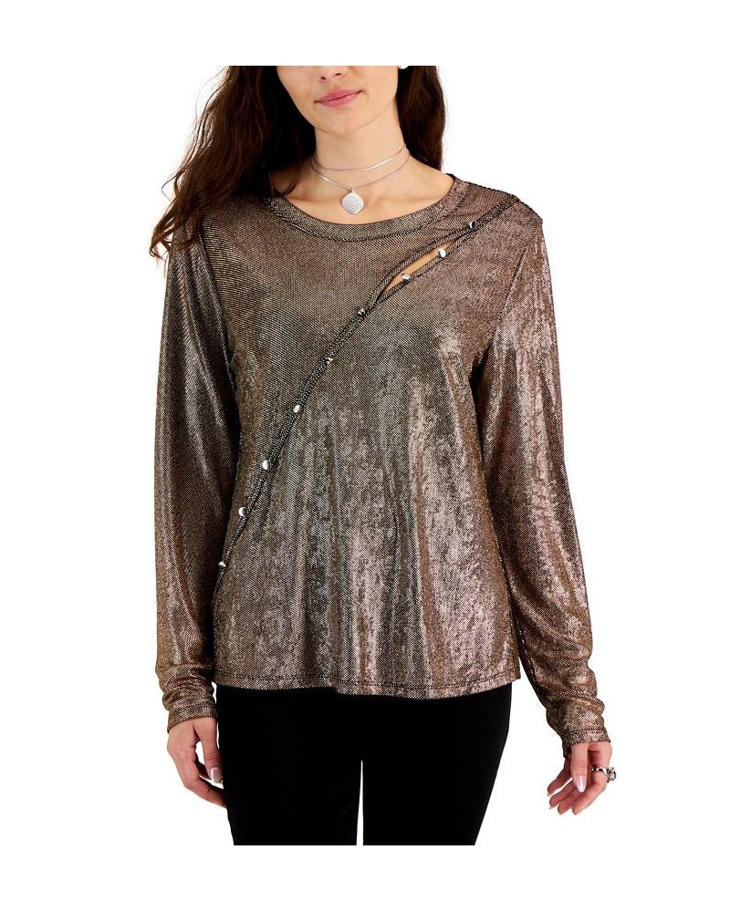 Women's Asymmetrical-Button-Trim Long-Sleeve Top Gold $12.71 Tops