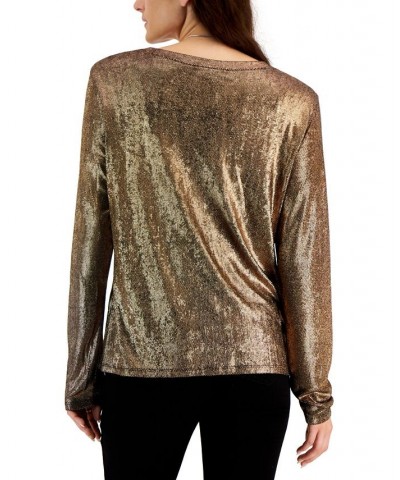 Women's Asymmetrical-Button-Trim Long-Sleeve Top Gold $12.71 Tops