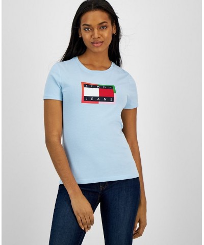 Women's Cotton Color Border Flag Logo Tee Top Porcelain Blue $17.41 Tops