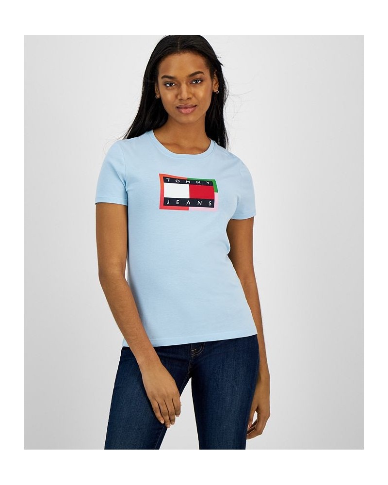 Women's Cotton Color Border Flag Logo Tee Top Porcelain Blue $17.41 Tops