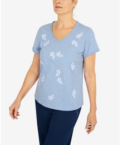 Petite Tossed Flower Print V-Neck T-shirt Blue $36.14 Tops