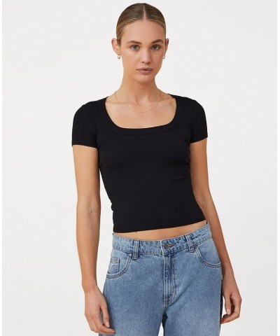 Women's Staple Rib Scoop Neck Short Sleeve Top Black $17.15 Tops