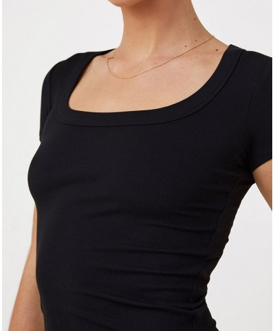 Women's Staple Rib Scoop Neck Short Sleeve Top Black $17.15 Tops