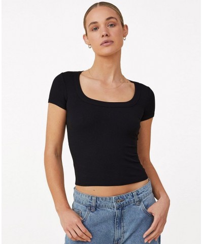 Women's Staple Rib Scoop Neck Short Sleeve Top Black $17.15 Tops