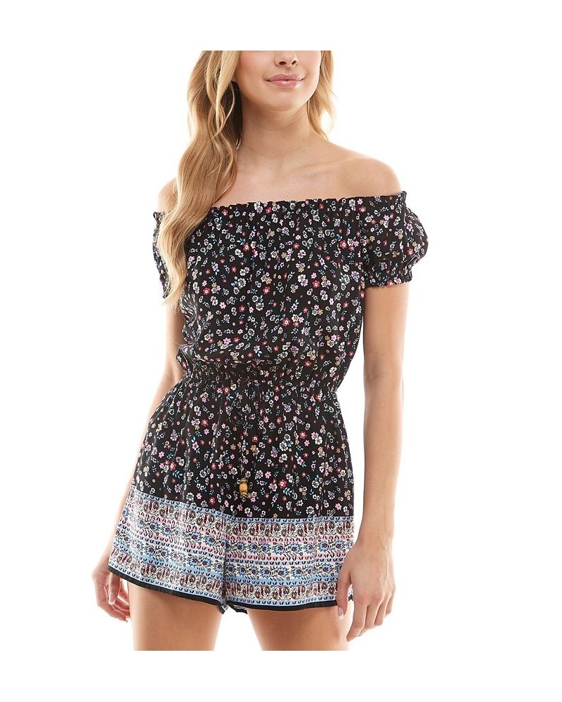 Juniors' Off-The-Shoulder Drawstring-Waist Romper Black/ivory $11.89 Shorts