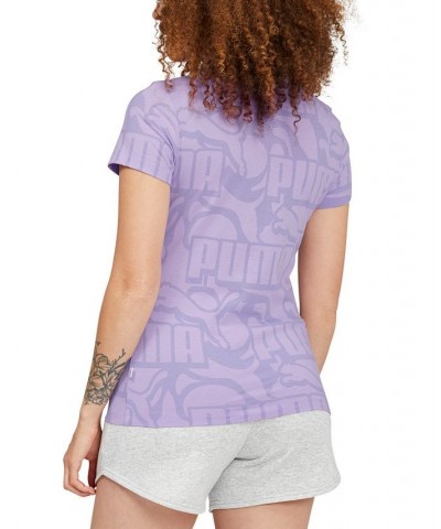 Women's Cotton Abstract Logo-Print Crewneck T-Shirt Purple $19.18 Tops