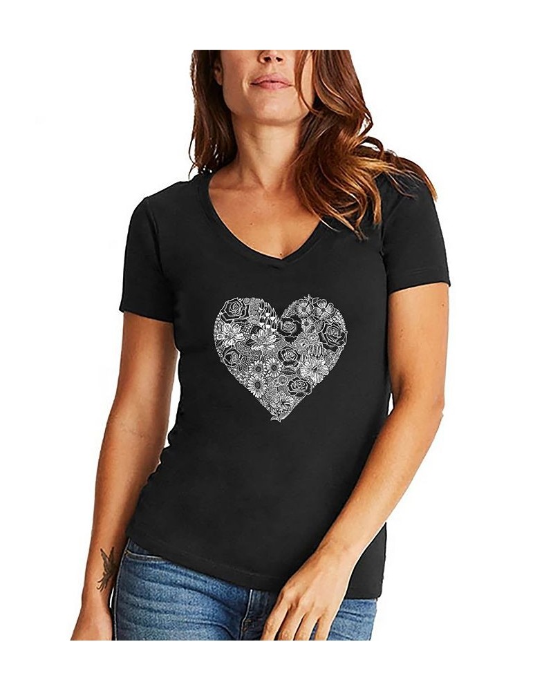 Women's Heart Flowers Word Art V-Neck T-shirt Black $18.54 Tops