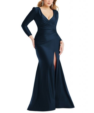 Women's Long-Sleeve Side-Ruched Satin Gown Blue $131.48 Dresses