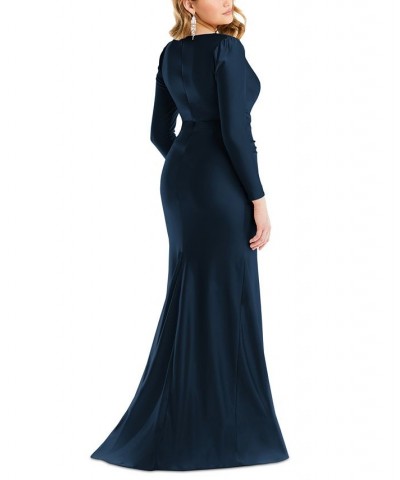 Women's Long-Sleeve Side-Ruched Satin Gown Blue $131.48 Dresses