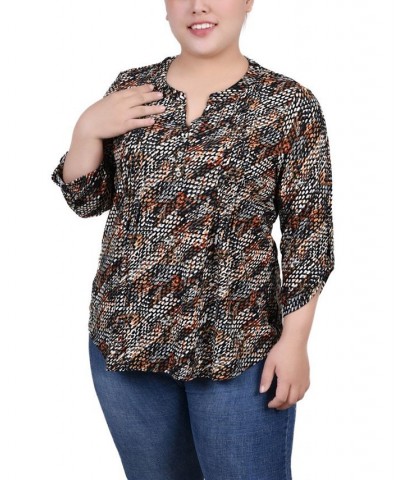 Plus Size 3/4 Roll Tab Pullover Top Black Gray Rust Geo $14.31 Tops