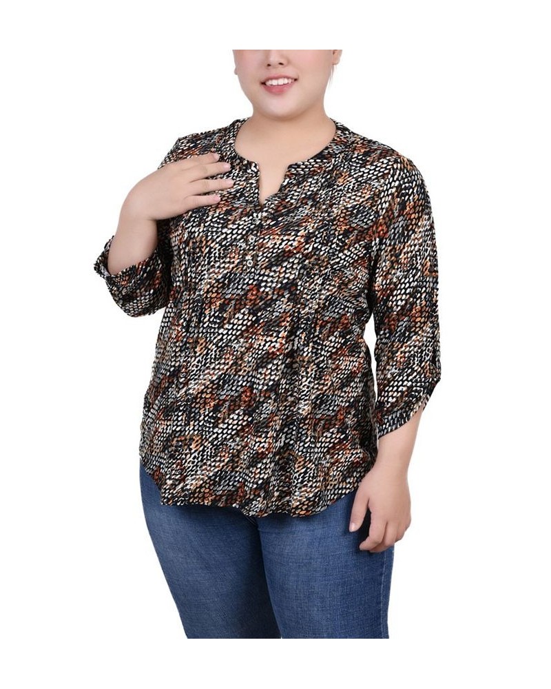 Plus Size 3/4 Roll Tab Pullover Top Black Gray Rust Geo $14.31 Tops