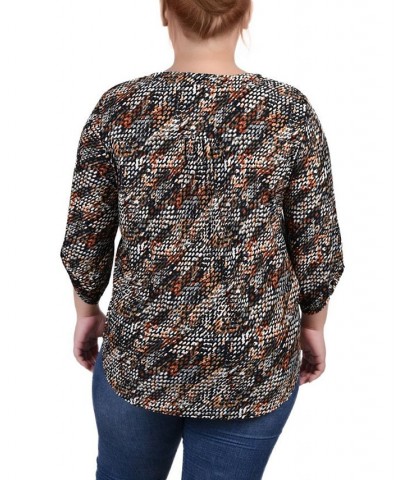 Plus Size 3/4 Roll Tab Pullover Top Black Gray Rust Geo $14.31 Tops