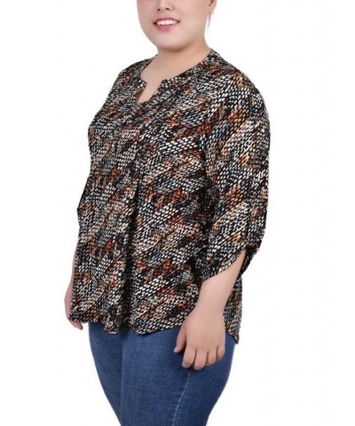 Plus Size 3/4 Roll Tab Pullover Top Black Gray Rust Geo $14.31 Tops