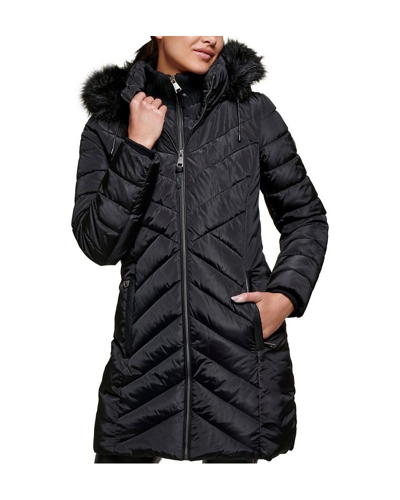 Petite Faux-Fur-Trim Hooded Bibbed Puffer Coat Black $80.00 Coats