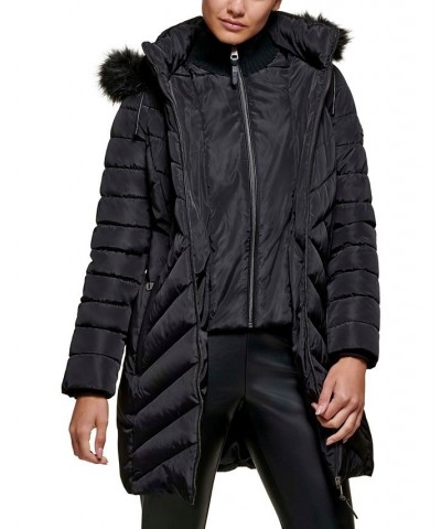 Petite Faux-Fur-Trim Hooded Bibbed Puffer Coat Black $80.00 Coats